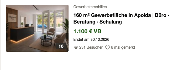 Kleinanzeigen-Inserat für die Gewerbefläche Erfurter 17