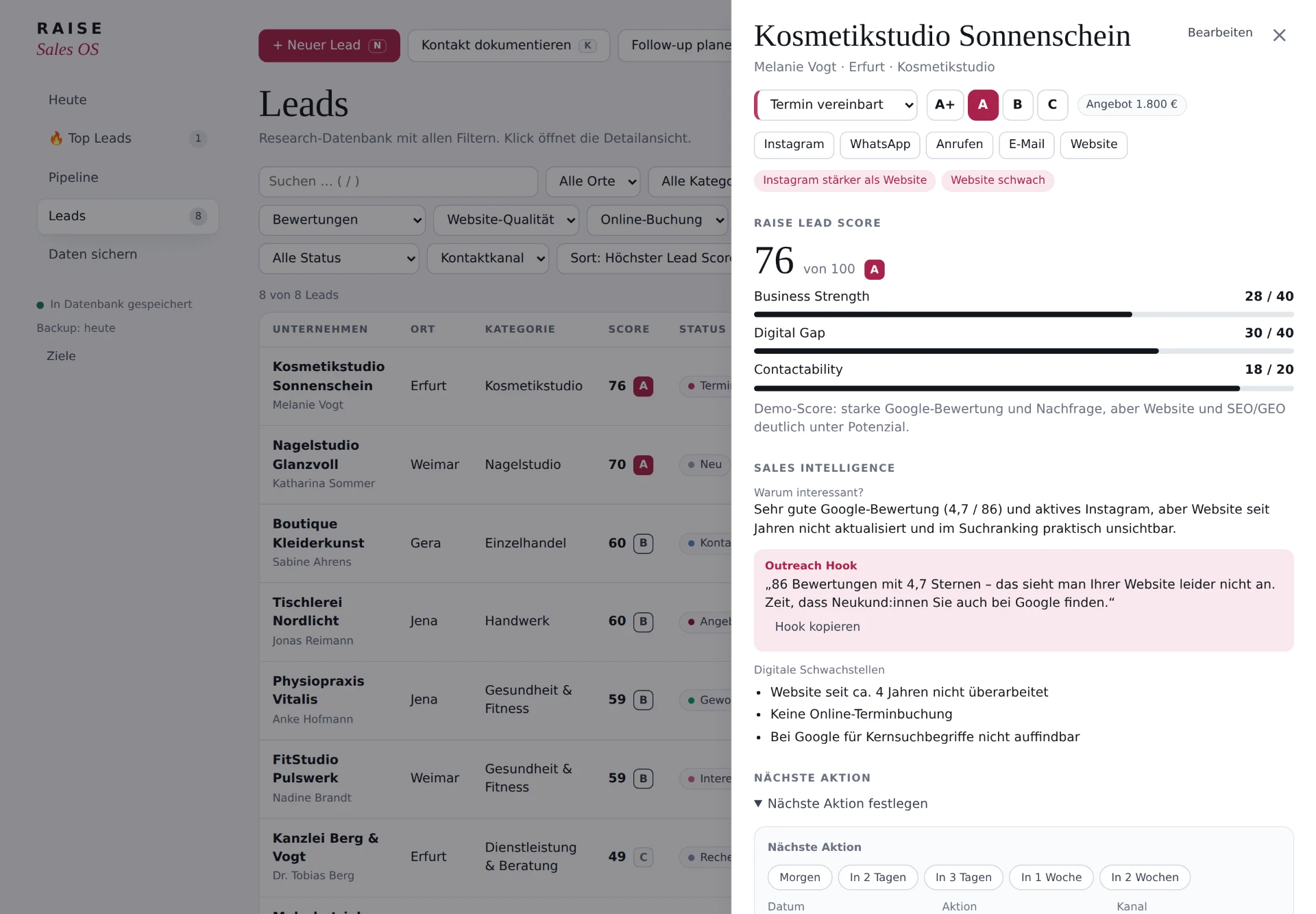RAISE Sales OS Detailansicht mit Lead Score und Analyse des Außenauftritts